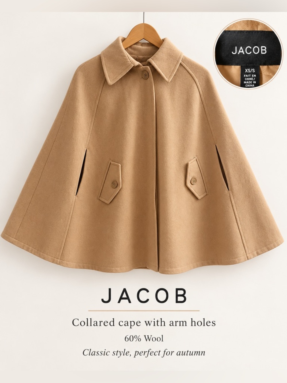 JACOB Wool Blend Collared Cape XS/S — Classic Camel Autumn Cape - fits big